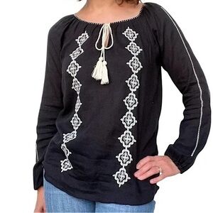 NEW Lucky Brand Boho Peasant Top Black Cotton Cream Embroidery Tassel Tie Sz M
